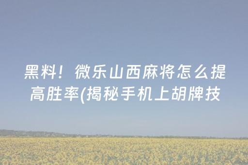 黑料！微乐山西麻将怎么提高胜率(揭秘手机上胡牌技巧)