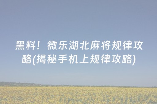 黑料！微乐湖北麻将规律攻略(揭秘手机上规律攻略)