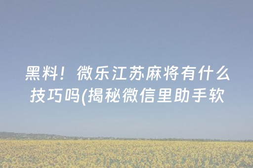 黑料！微乐江苏麻将有什么技巧吗(揭秘微信里助手软件)