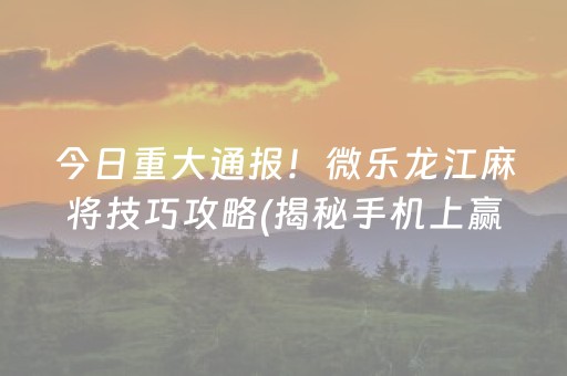 今日重大通报！微乐龙江麻将技巧攻略(揭秘手机上赢的秘诀)